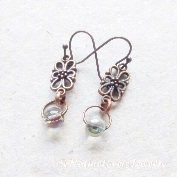 Lightweight Dainty Filigree Water Droplet Copper Earrings~ Short Dangle Earrings - Picture 3 of 6